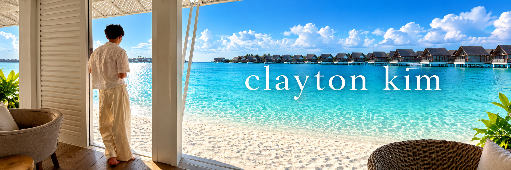 Panoramic tropical resort view from an overwater villa: turquoise lagoon, white architecture, distant bungalows, and the words clayton kim.