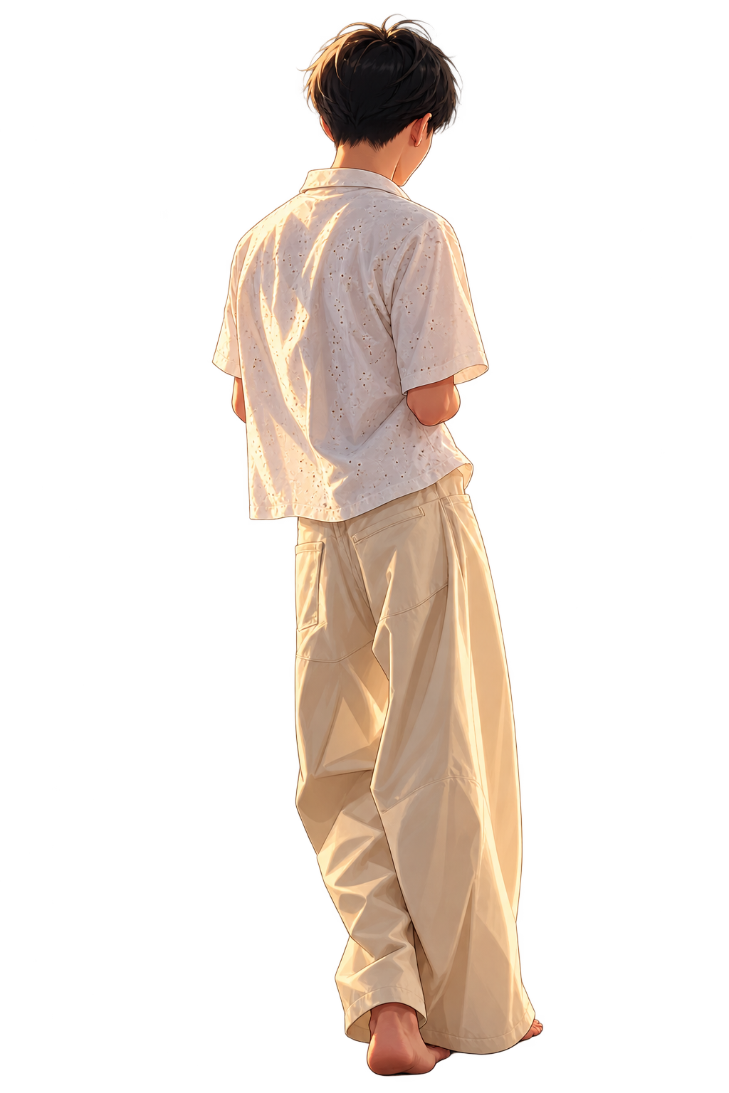 Illustrated figure viewed from behind, wearing a cream shirt and loose cream trousers, standing barefoot.